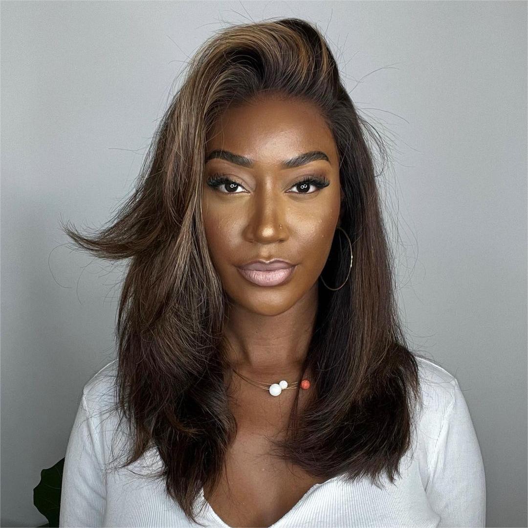 Dark Brown With Blonde Highlights Layered Wavy 13x4 Lace Front Wig