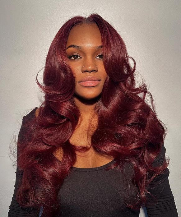 99J Burgundy Curtain Bangs Body Wave Human Hair Glueless HD Lace Wigs