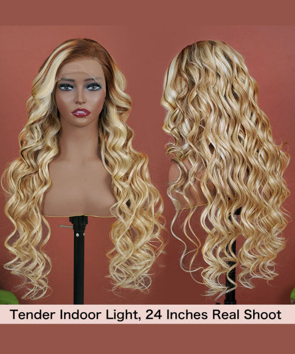 Blonde Ombre Wig Body Wave Human Hair Lace Front Wig With Dark Roots