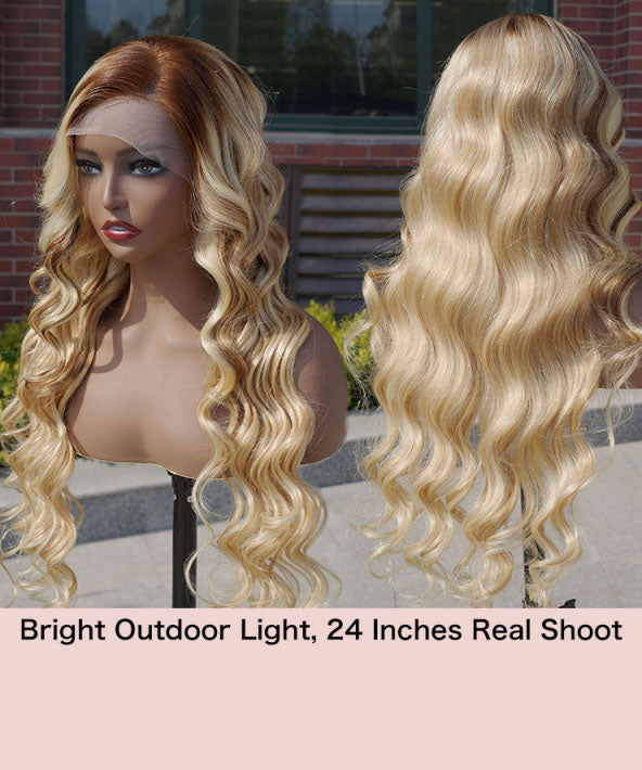 Blonde Ombre Wig Body Wave Human Hair Lace Front Wig With Dark Roots