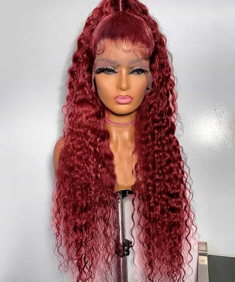 99J Burgundy Color Water Wave Hair 13x4 Lace Front Wigs With Baby Hair