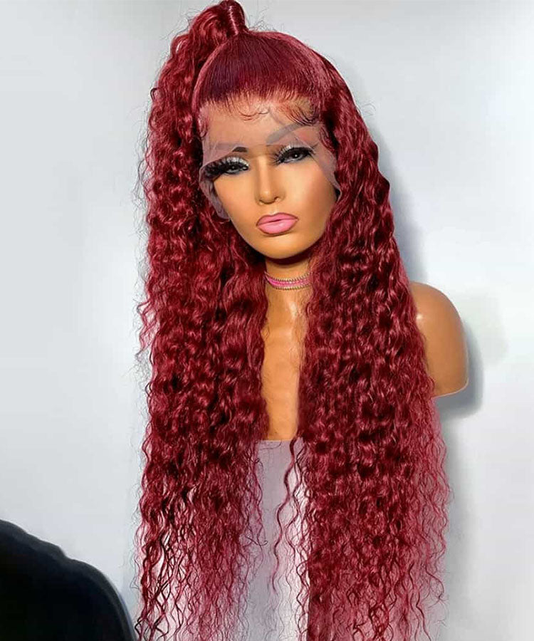 99J Burgundy Color Water Wave Hair 13x4 Lace Front Wigs With Baby Hair