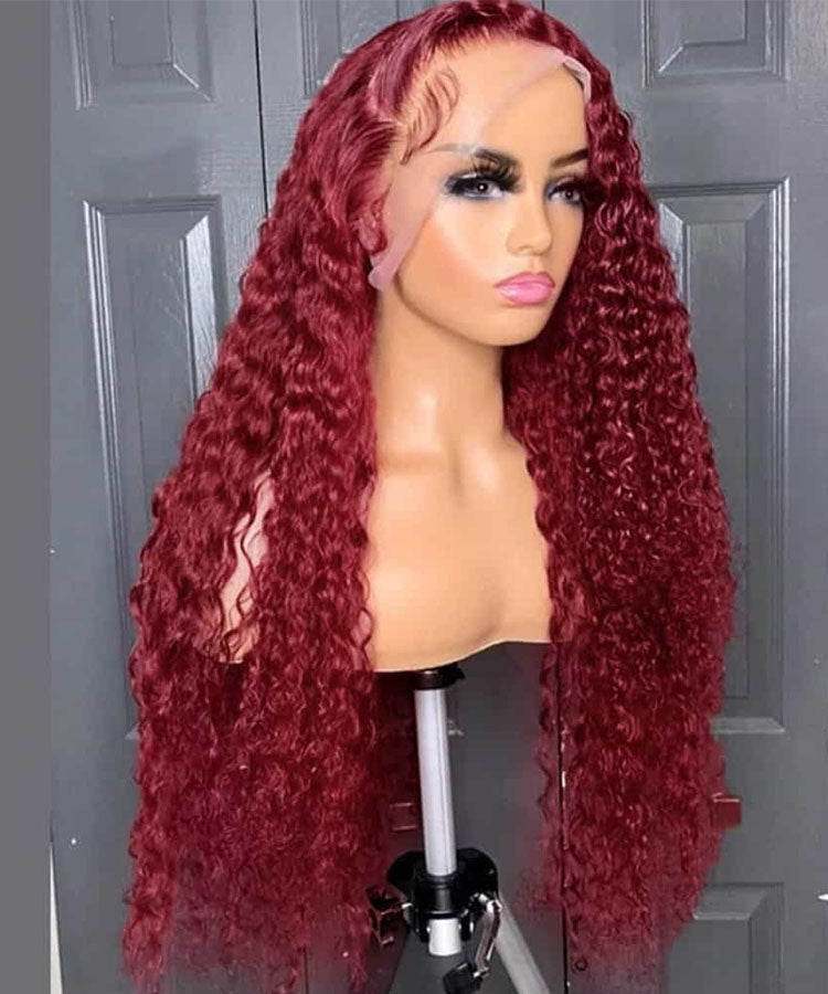 99J Burgundy Color Water Wave Hair 13x4 Lace Front Wigs With Baby Hair