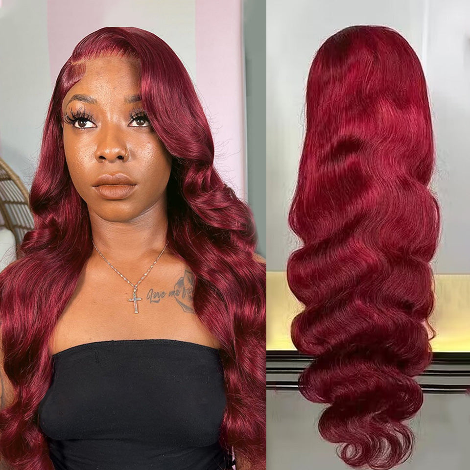 Burgundy Body Wave Wig 13x4 Transparent Lace Frontal Wig Pre Plucked