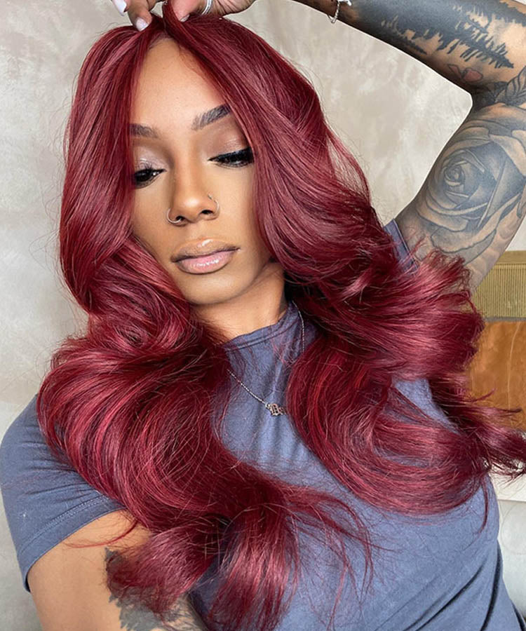 Burgundy Body Wave Wig 13x4 Transparent Lace Frontal Wig Pre Plucked