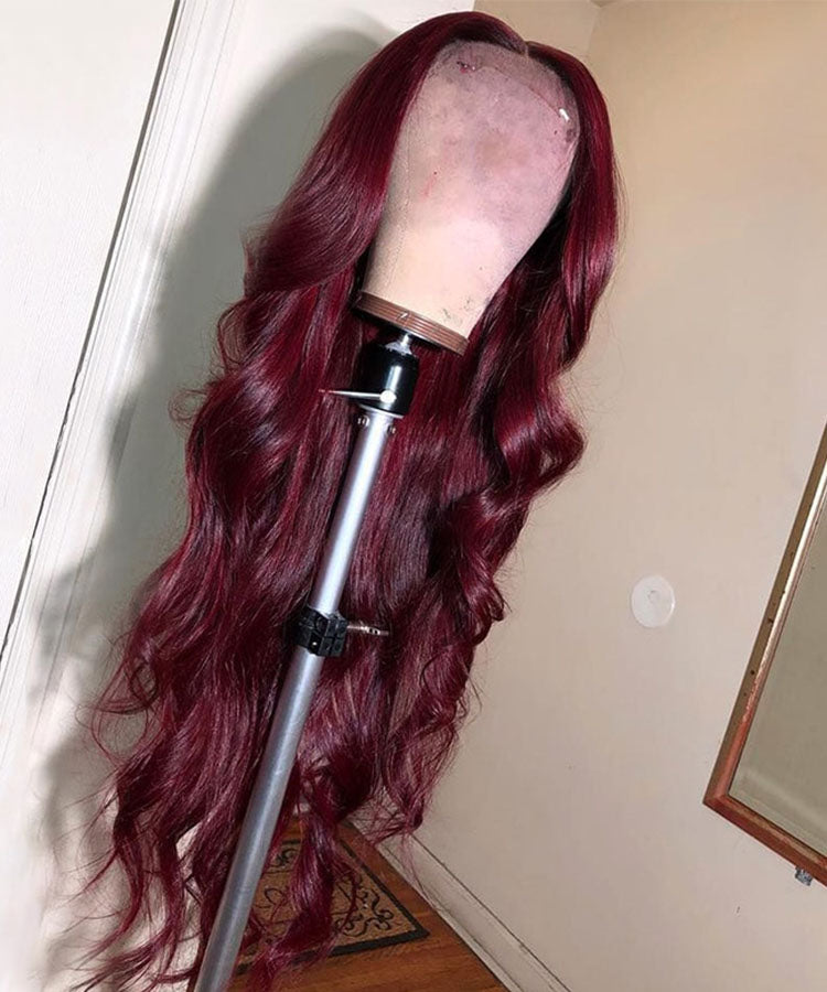 Burgundy Body Wave Wig 13x4 Transparent Lace Frontal Wig Pre Plucked