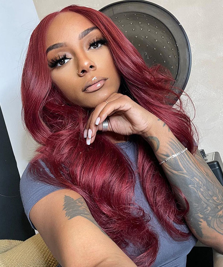 Burgundy Body Wave Wig 13x4 Transparent Lace Frontal Wig Pre Plucked