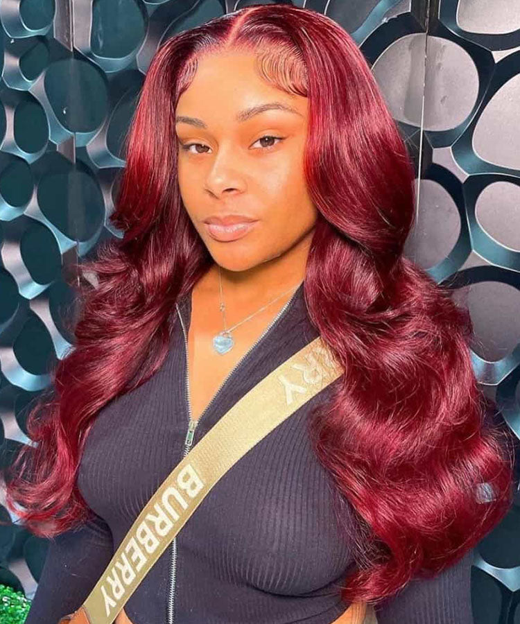 Burgundy Body Wave Wig 13x4 Transparent Lace Frontal Wig Pre Plucked