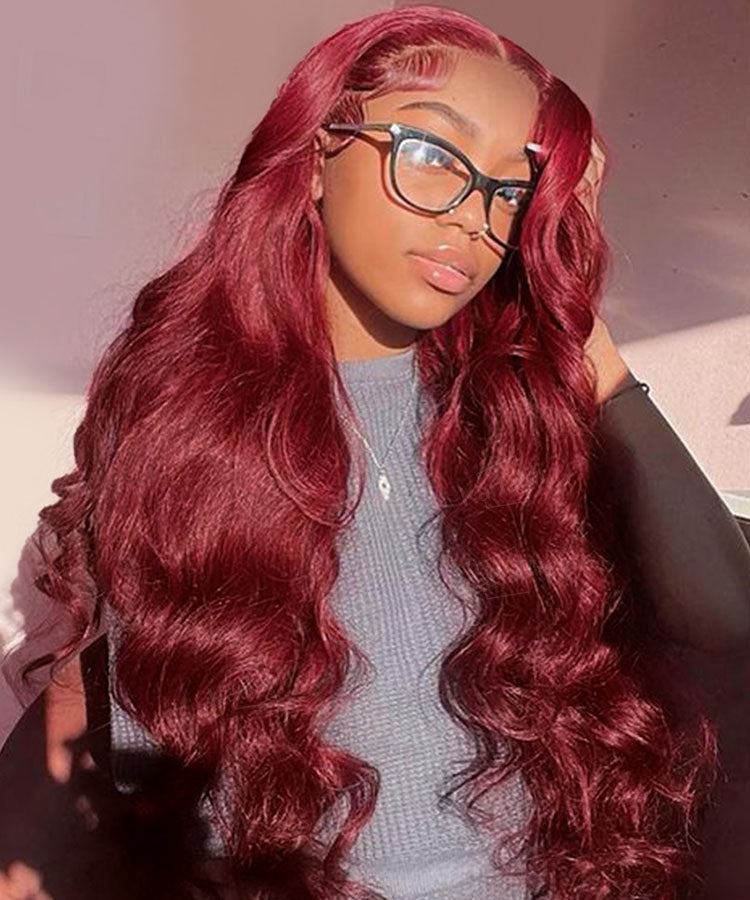 Burgundy Body Wave Wig 13x4 Transparent Lace Frontal Wig Pre Plucked