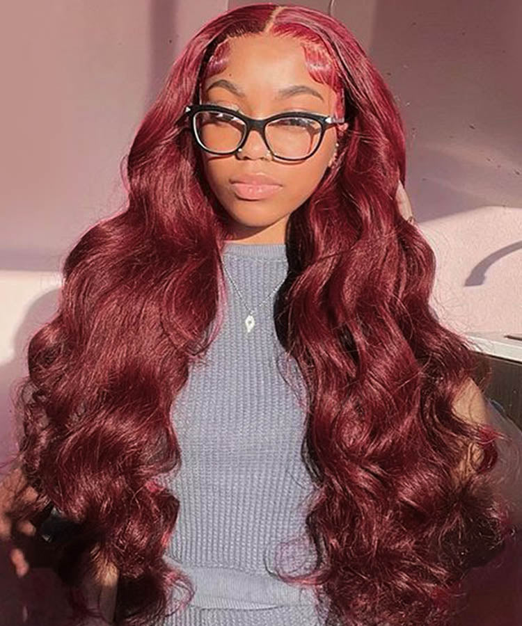 Burgundy Body Wave Wig 13x4 Transparent Lace Frontal Wig Pre Plucked