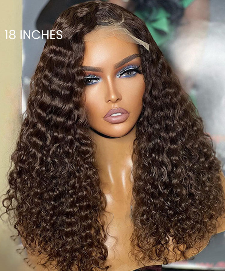 Chocolate Brown Water Wave HD Lace Front Mid Part Long Wig 100% Human Hair Wig