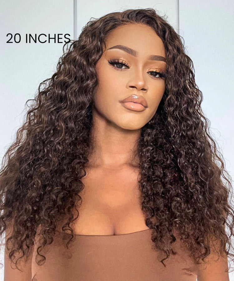 Chocolate Brown Water Wave HD Lace Front Mid Part Long Wig 100% Human Hair Wig