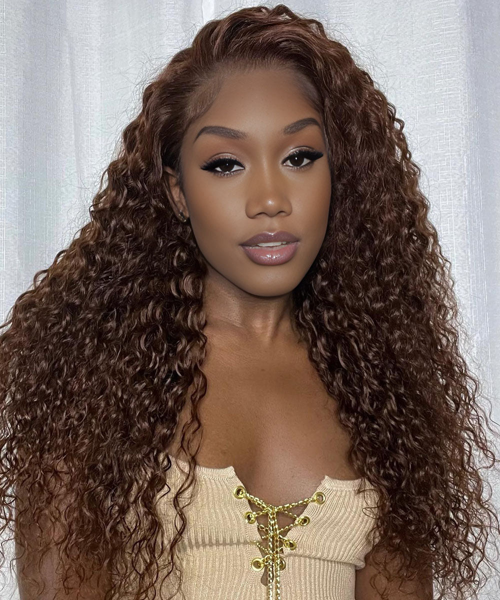 #4 Chocolate Brown Kinky Curly Hair Glueless 13x4 HD Lace Frontal Human Hair Wig