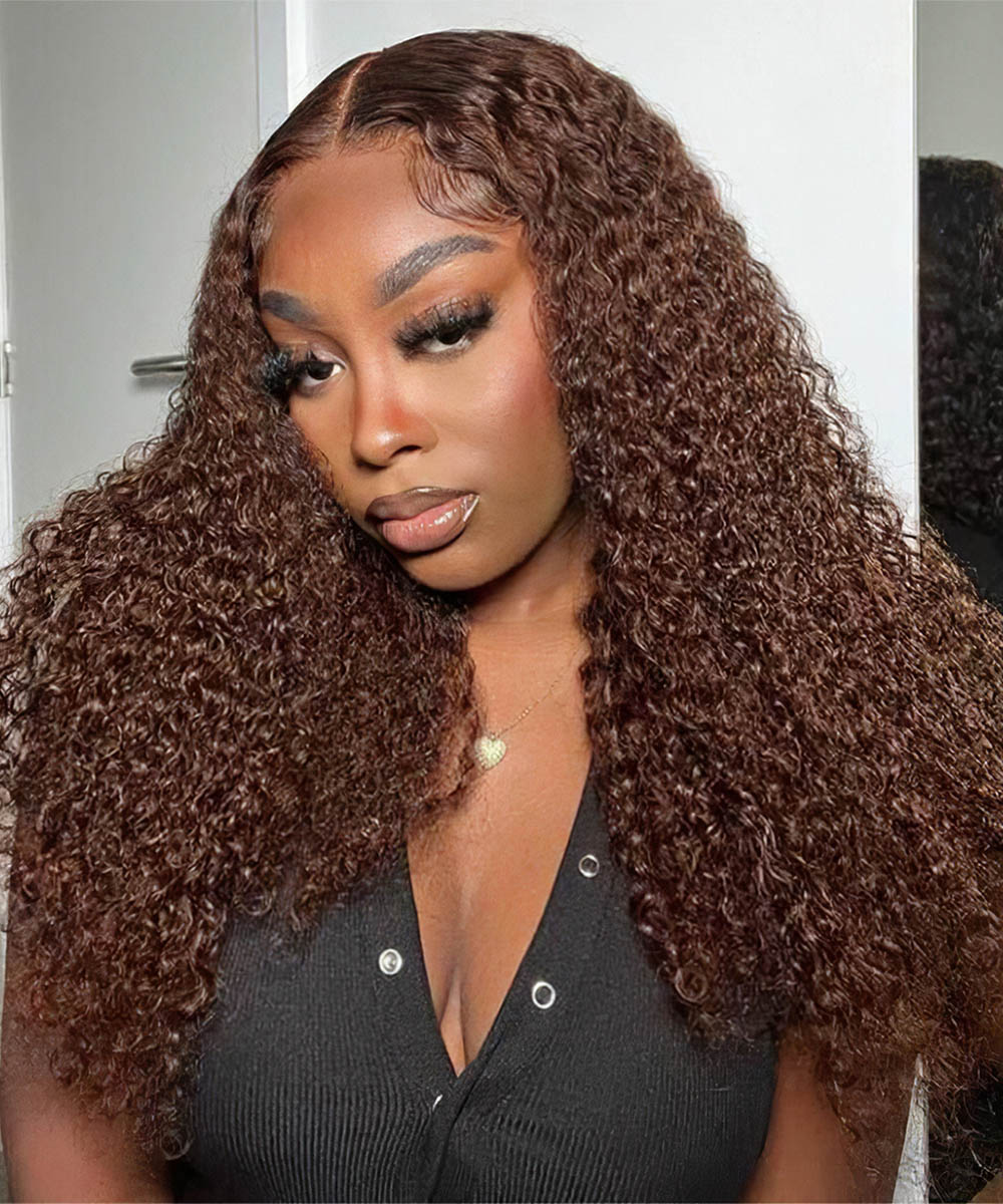 #4 Chocolate Brown Kinky Curly Hair Glueless 13x4 HD Lace Frontal Human Hair Wig