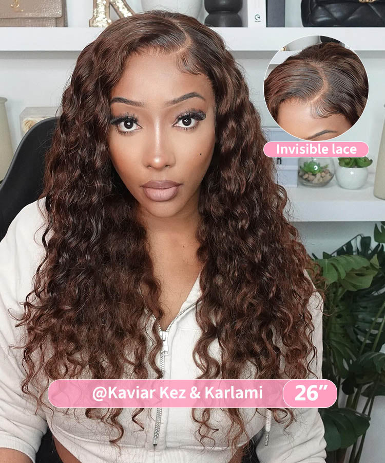 Chocolate #4 Brown Deep Wave Glueless Wigs HD Transparent Lace Front Wigs