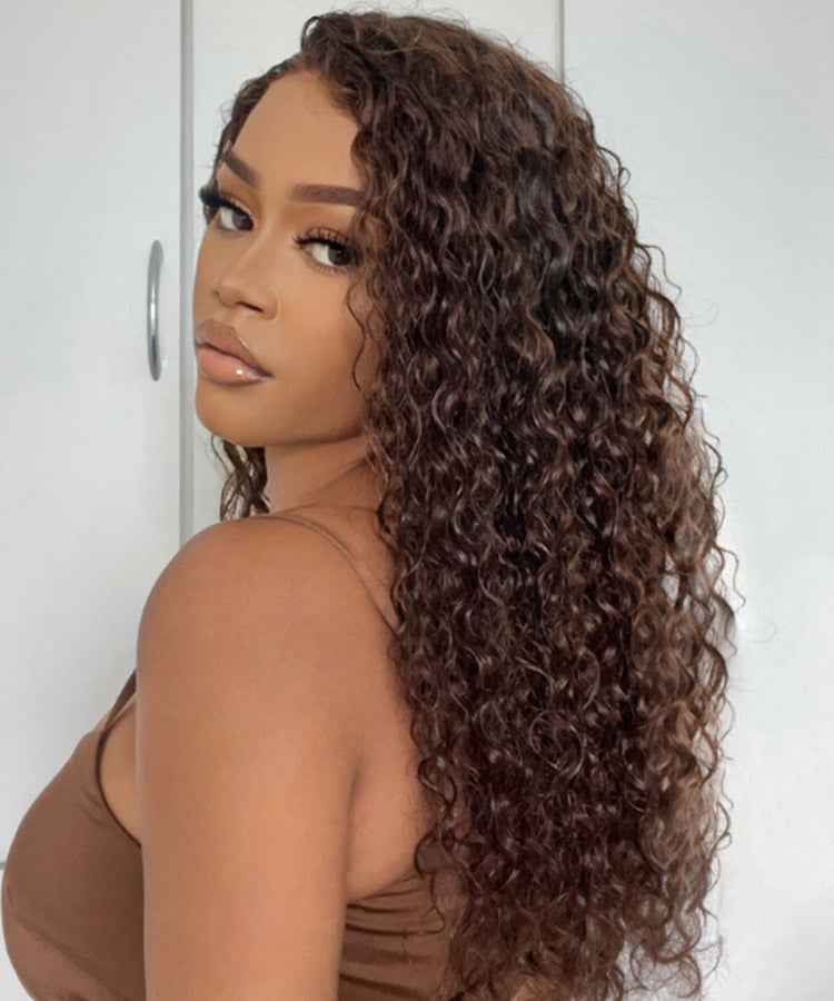 Chocolate Brown Water Wave HD Lace Front Mid Part Long Wig 100% Human Hair Wig