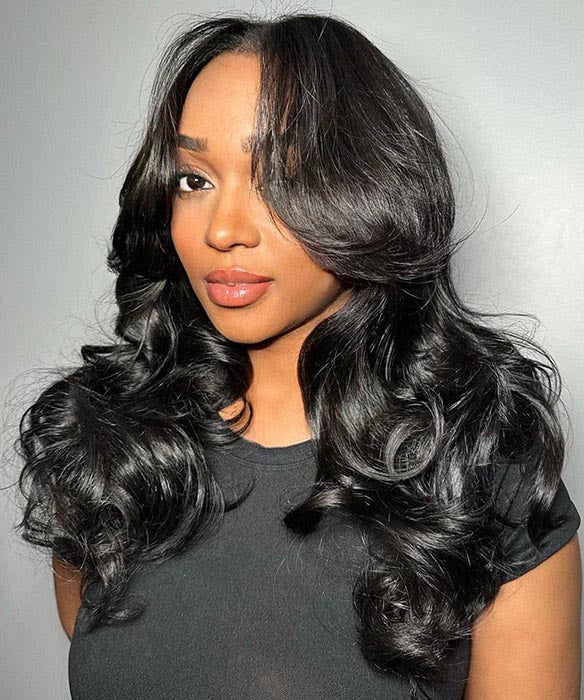 Curtain Bangs 13x4 Lace Wig Chic Retro Body Wave Human Hair Wigs with Adjustable Strap