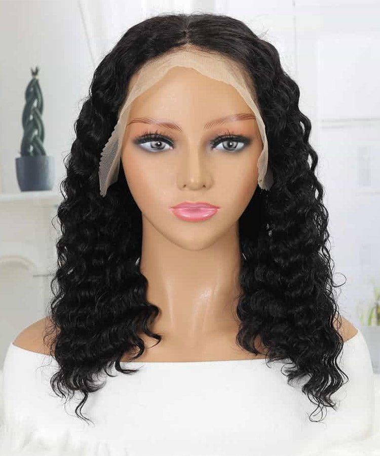 Short Deep Wave Bob Lace Frontal Wig Natural Black Karlami Human Hair