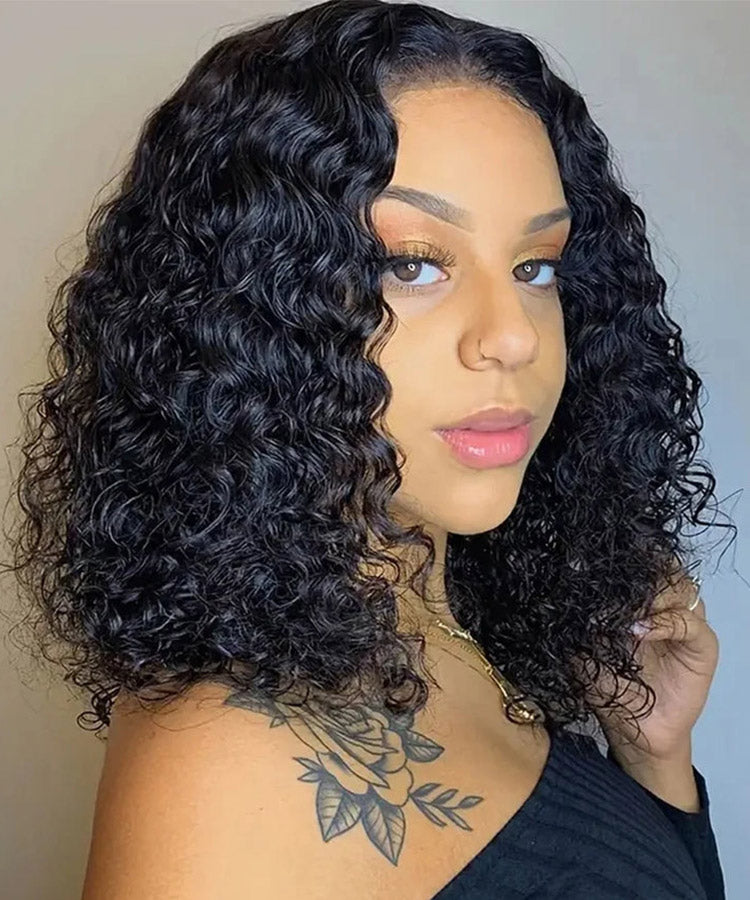 Short Deep Wave Bob Lace Frontal Wig Natural Black Karlami Human Hair