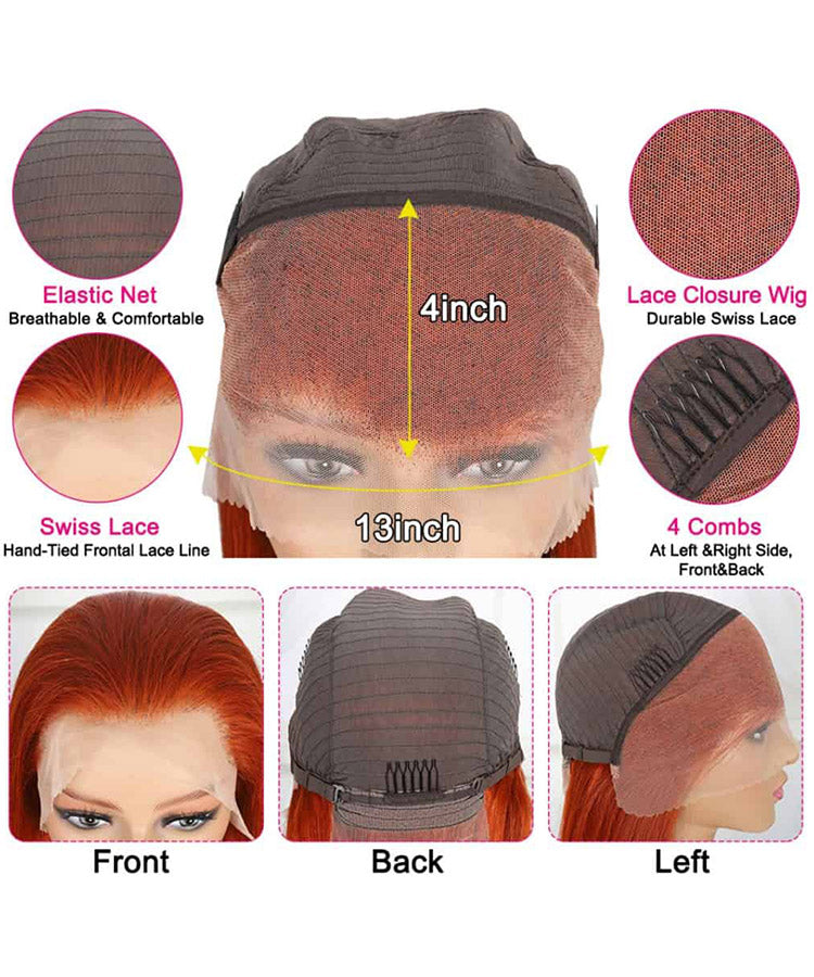 Ginger Color 13×4 Straight Transparent Lace Frontal Wig 180% Density Straight Human Hair Wigs