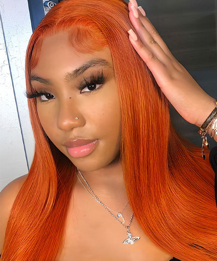 Ginger Color 13×4 Straight Transparent Lace Frontal Wig 180% Density Straight Human Hair Wigs