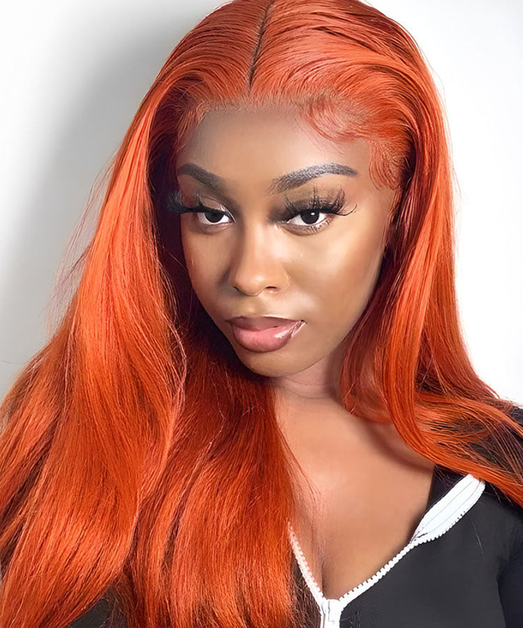 Ginger Color 13×4 Straight Transparent Lace Frontal Wig 180% Density Straight Human Hair Wigs