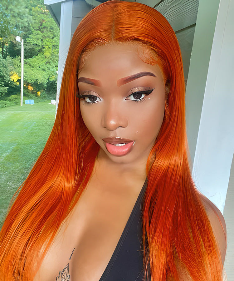 Ginger Color 13×4 Straight Transparent Lace Frontal Wig 180% Density Straight Human Hair Wigs