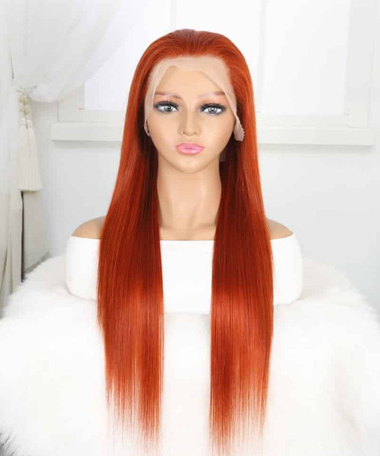 Ginger Color 13×4 Straight Transparent Lace Frontal Wig 180% Density Straight Human Hair Wigs