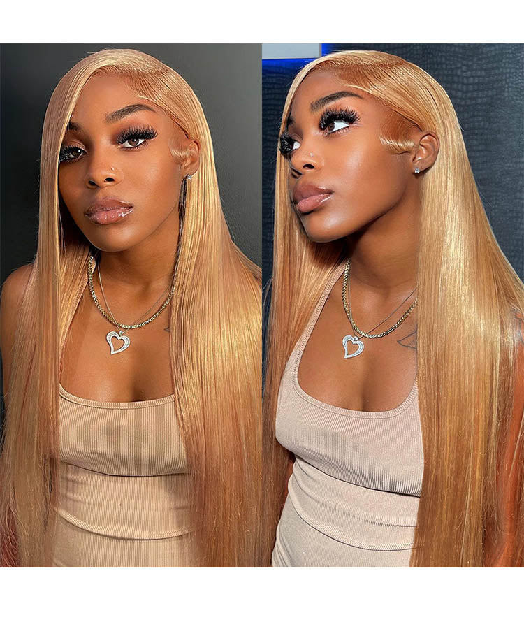 #27 Honey Blonde Straight Hair 13x4 HD Transparent Lace Frontal Wig 180% Density