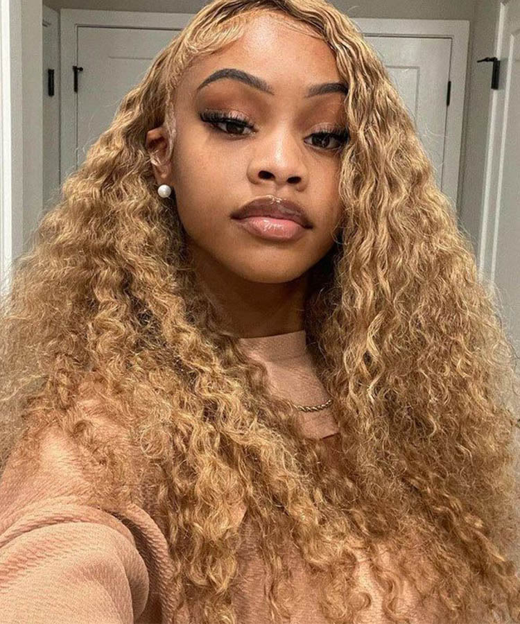 Honey Blonde #27 Colored HD Lace Frontal Human Hair Wigs Water Wave Wigs For Women