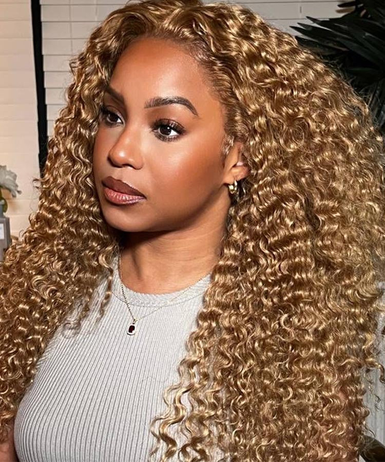 Honey Blonde #27 Colored HD Lace Frontal Human Hair Wigs Water Wave Wigs For Women