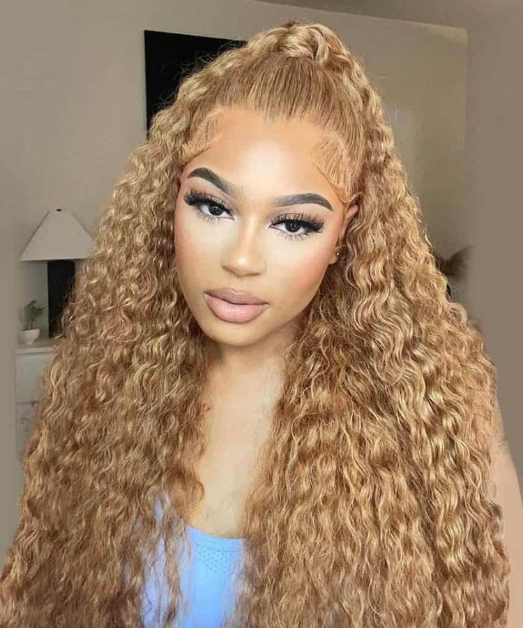 Honey Blonde #27 Colored HD Lace Frontal Human Hair Wigs Water Wave Wigs For Women