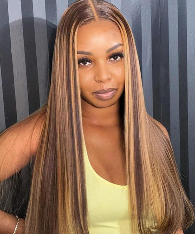 Honey Blonde Piano Highlight Straight Hair 13x4 Lace Wigs Colored Human Hair Wigs