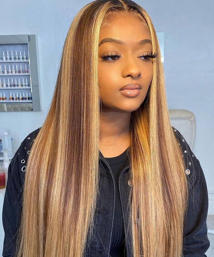 Honey Blonde Piano Highlight Straight Hair 13x4 Lace Wigs Colored Human Hair Wigs