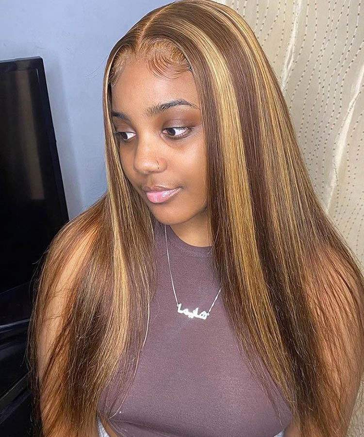 Honey Blonde Piano Highlight Straight Hair 13x4 Lace Wigs Colored Human Hair Wigs