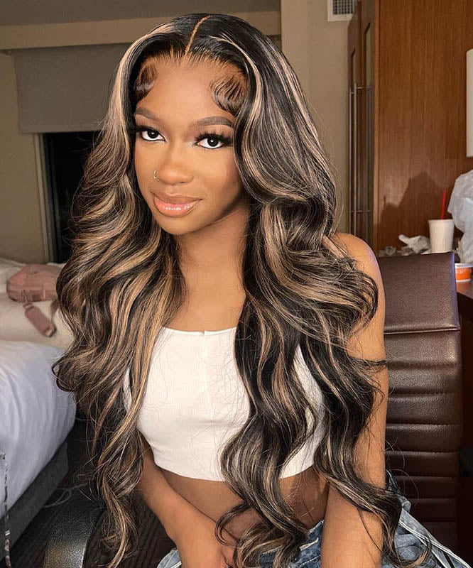 Black Wig With Honey Blonde Highlights #1B/27 Piano Color Honey Blonde Highlights Lace Front Wigs