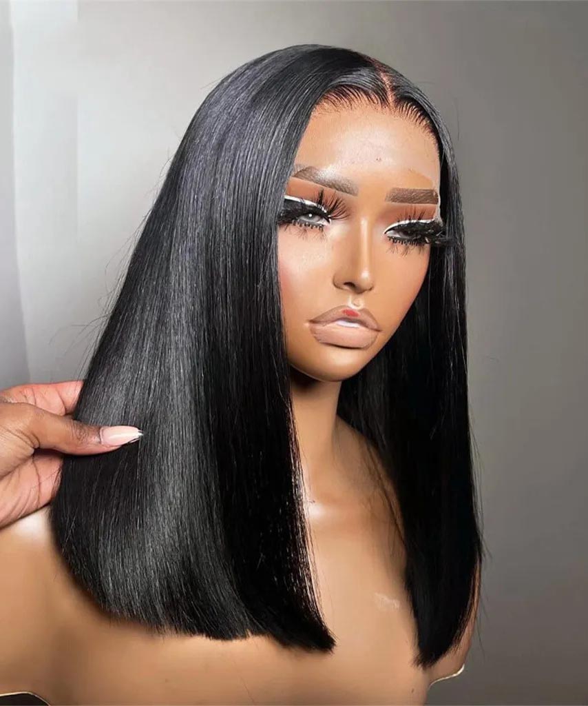 Silky Blunt Cut Straight Wig Glueless 5x5 Closure Lace Shoulder Length Bob Wig Pre Plucked & Bleached