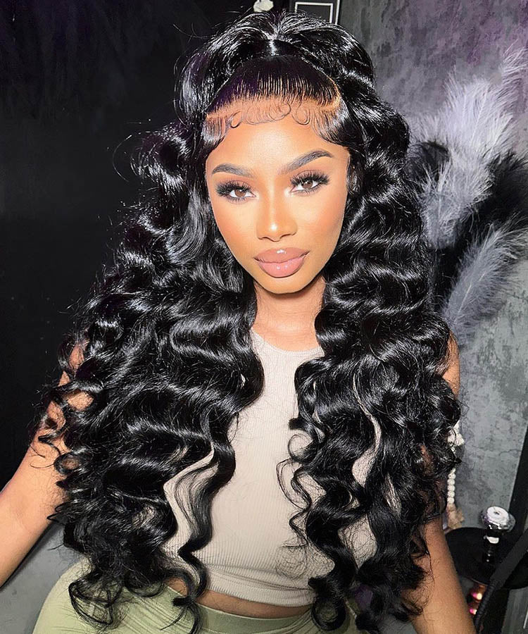 Loose Deep Wave Natural Black 4x4 Transparent Lace Closure Pre Plucked Wig With Baby Hair