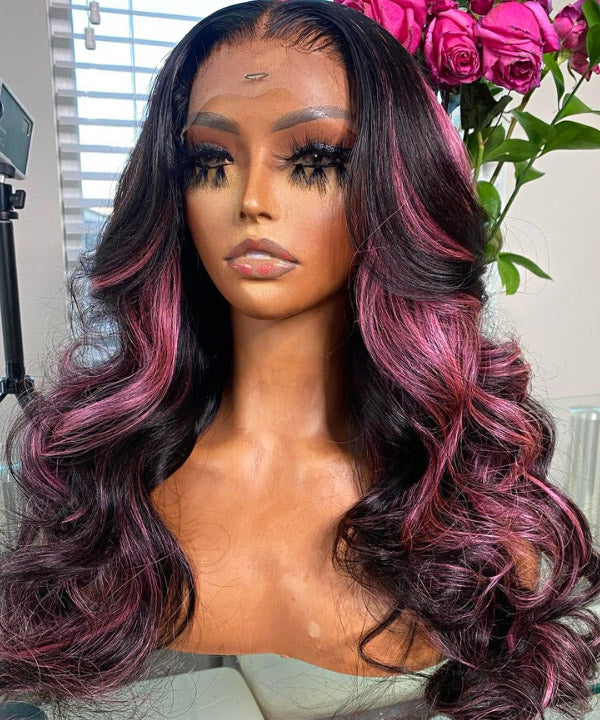 Purple Pink Highlight Mix Colored Lace Front Closure Human Hair Wig