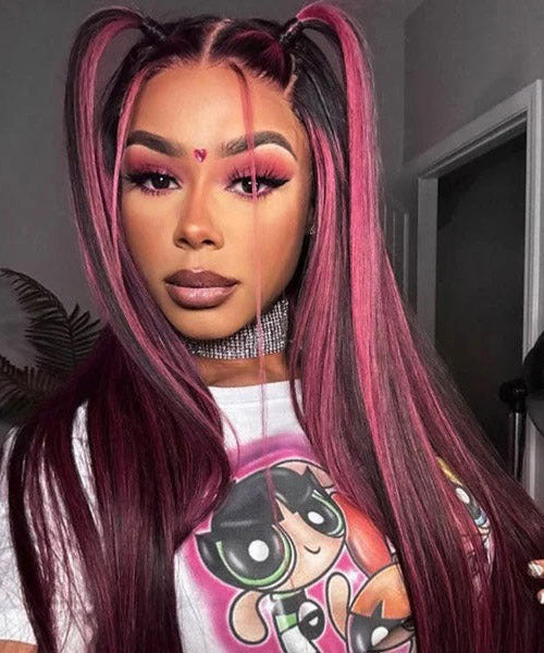 Purple Pink Highlight Mix Colored Lace Front Closure Human Hair Wig