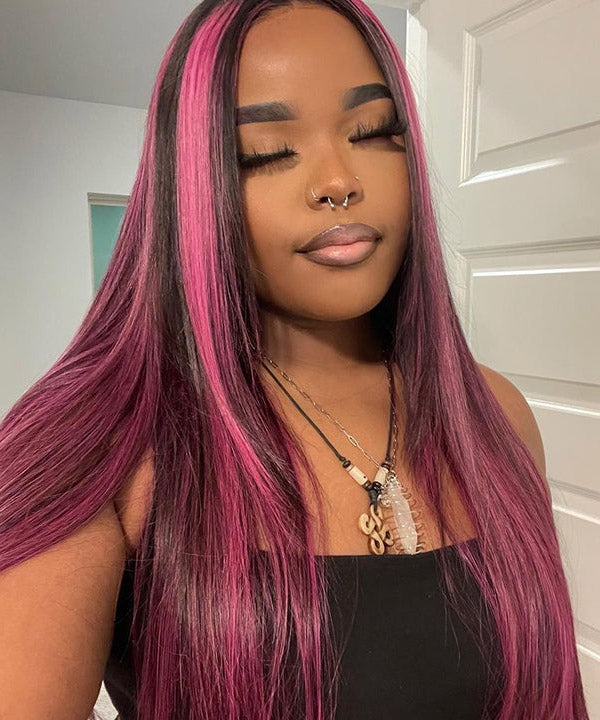 Purple Pink Highlight Mix Colored Lace Front Closure Human Hair Wig