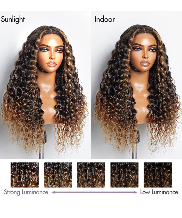 Beyonce Style|Brown Ombre Highlights Water Wave 13x4 HD Lace Frontal Wig