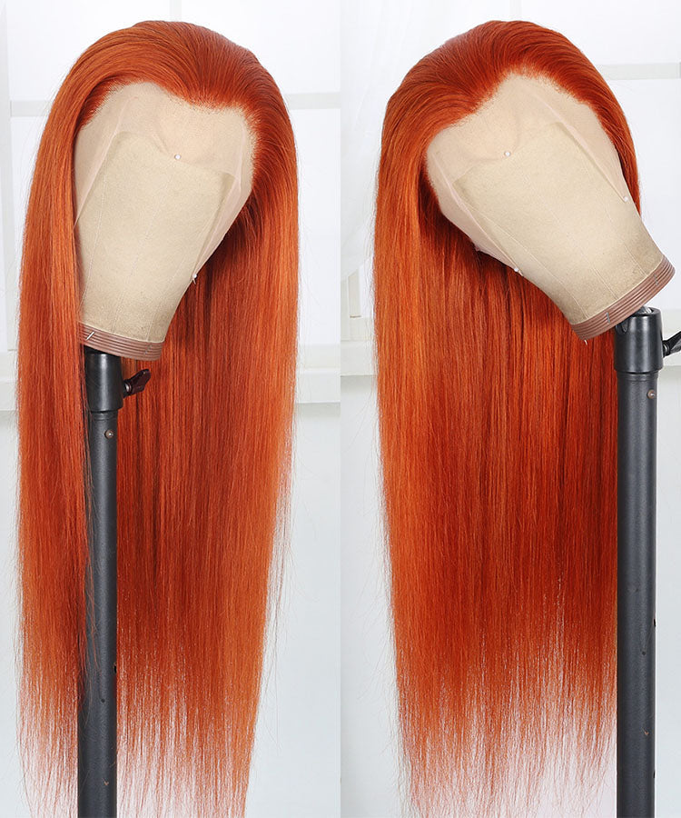 Ginger Color 13×4 Straight Transparent Lace Frontal Wig 180% Density Straight Human Hair Wigs