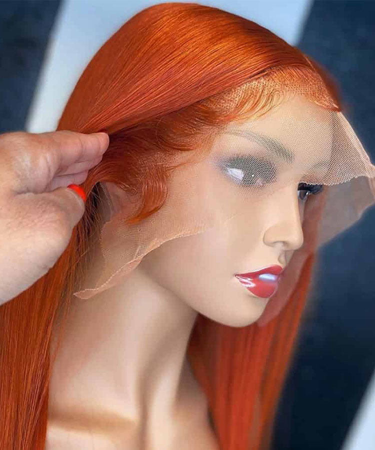 Ginger Color 13×4 Straight Transparent Lace Frontal Wig 180% Density Straight Human Hair Wigs