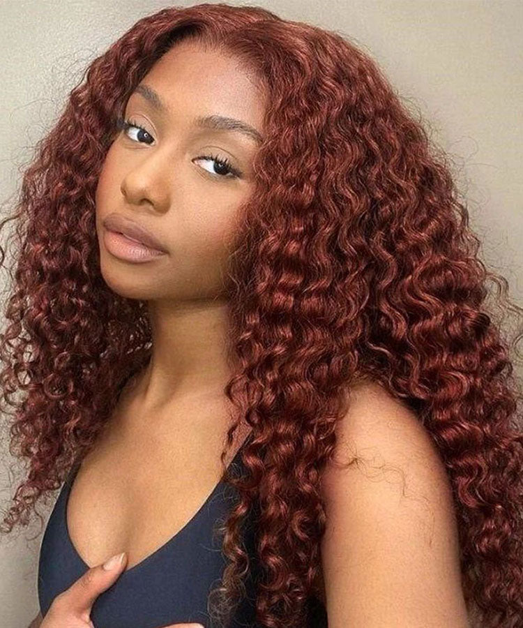 #33 Reddish Brown Water Wave 13x4 Lace Front Wig Dark Auburn Colored Human Hair Wig