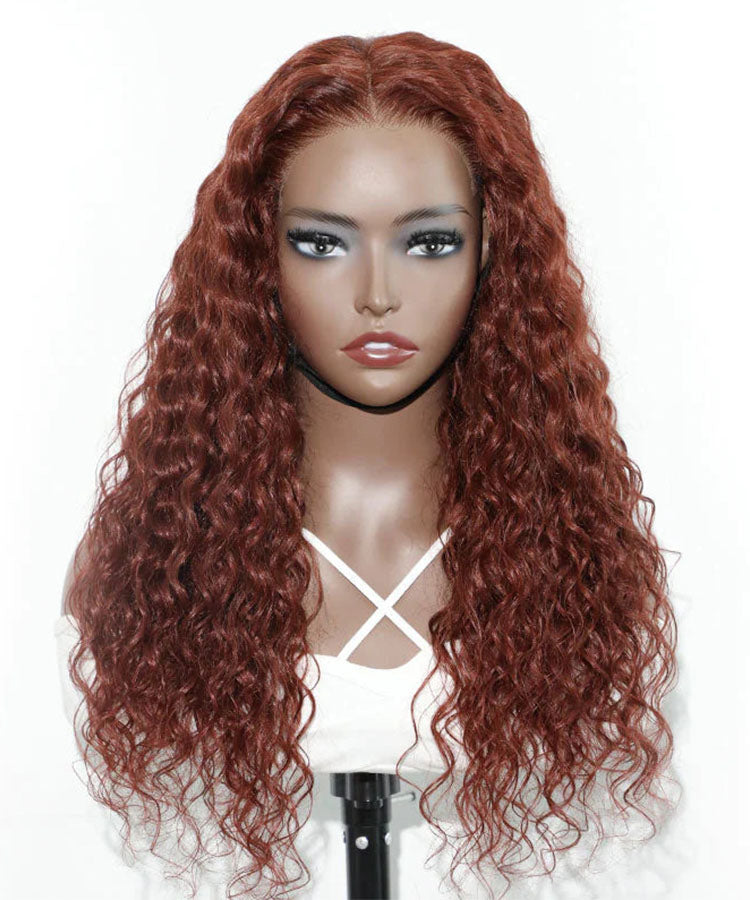 #33 Reddish Brown Water Wave 13x4 Lace Front Wig Dark Auburn Colored Human Hair Wig