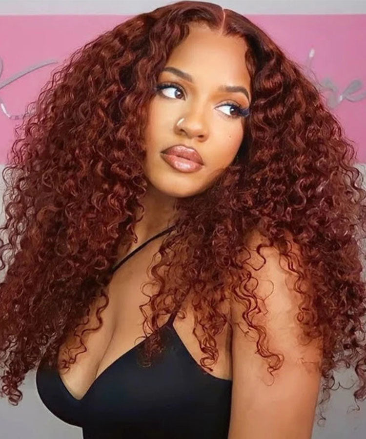 #33 Reddish Brown Water Wave 13x4 Lace Front Wig Dark Auburn Colored Human Hair Wig