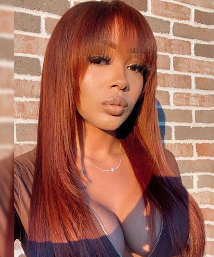 #33 Reddish Brown Straight Wig with Bangs Glueless Throw on & Go 13x4 Lace Front Wig