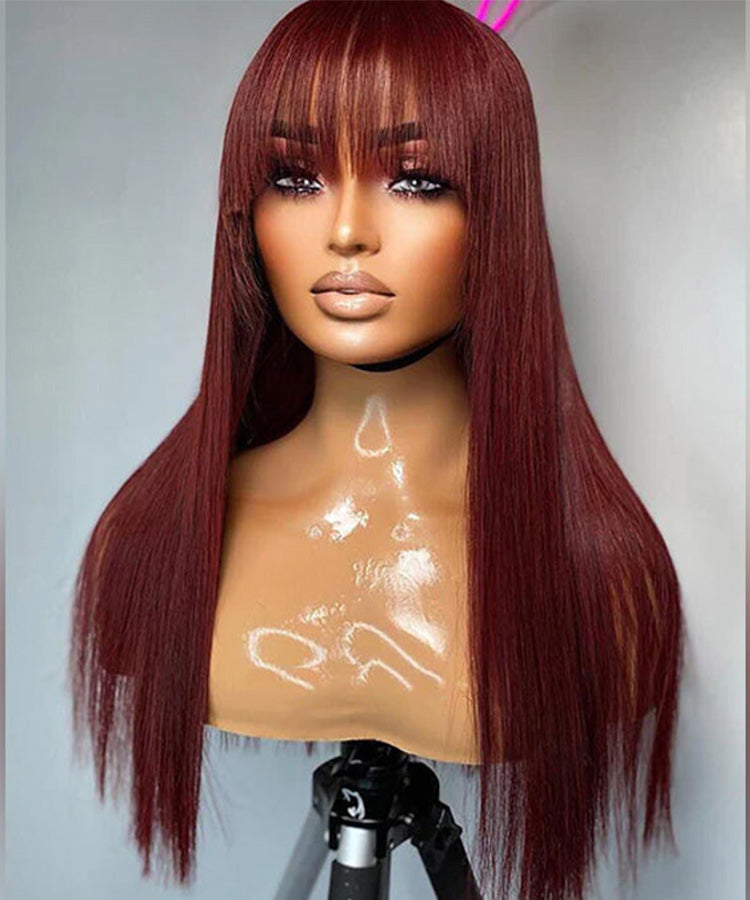 #33 Reddish Brown Straight Wig with Bangs Glueless Throw on & Go 13x4 Lace Front Wig