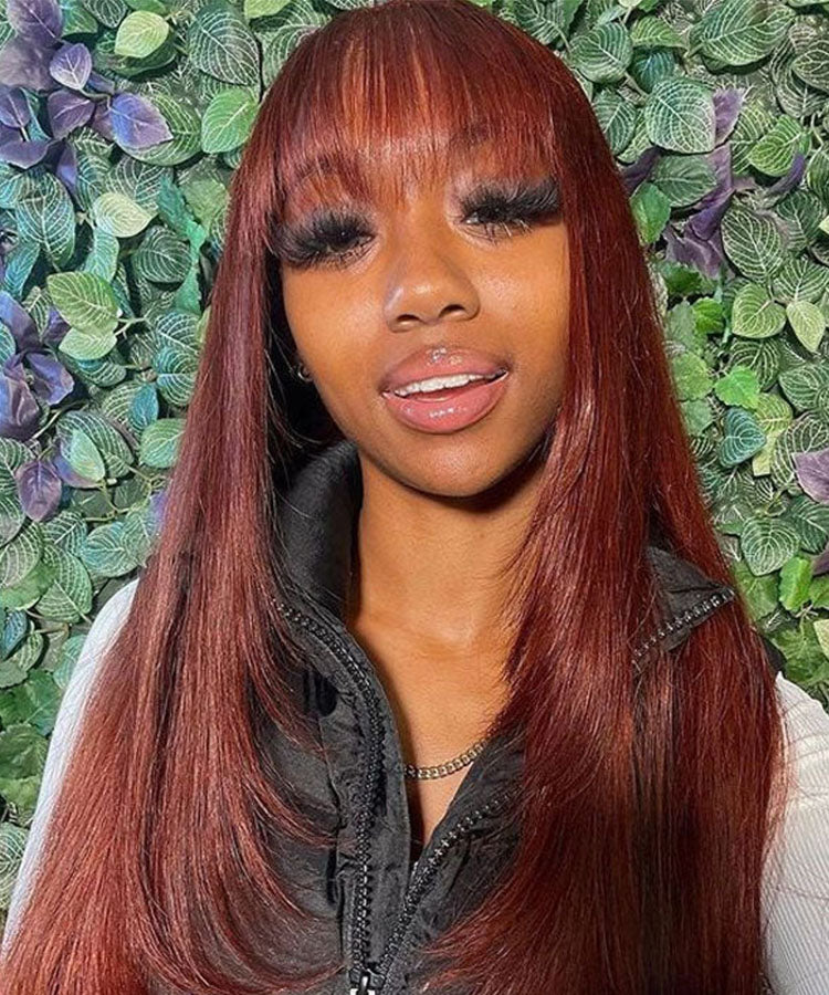 #33 Reddish Brown Straight Wig with Bangs Glueless Throw on & Go 13x4 Lace Front Wig